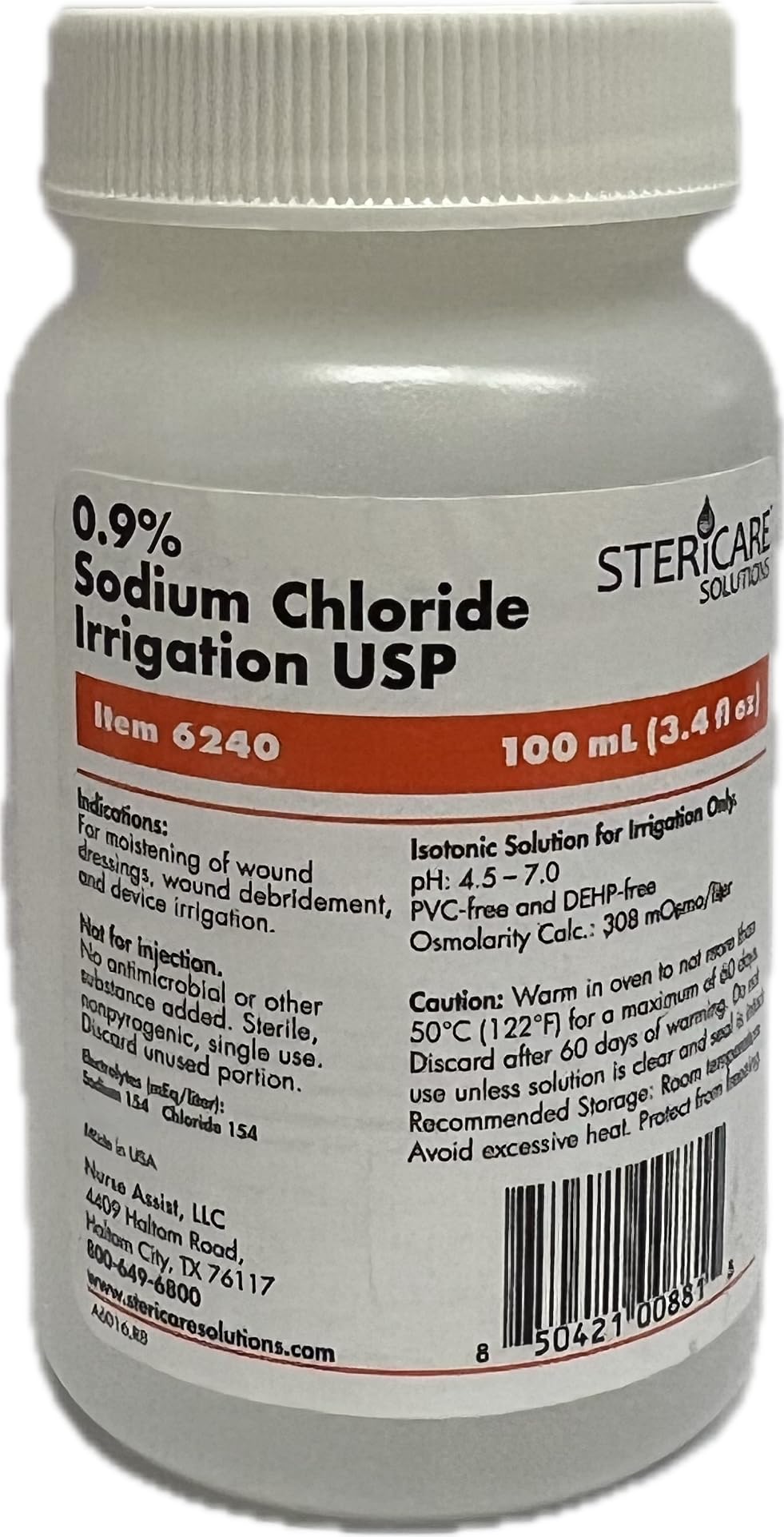 NA Sterile Saline for Irrigation, 100ml (3.4 fl oz) - Case of 6 Bottles