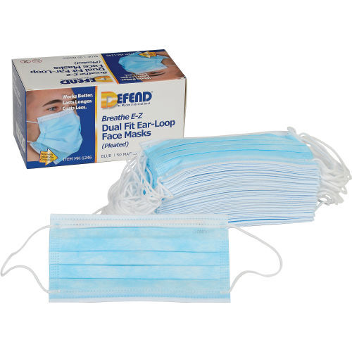 DEFEND BREATHE E-Z EAR LOOP PLEATED FACE MASKS 50/BX BLUE LOT OF 10