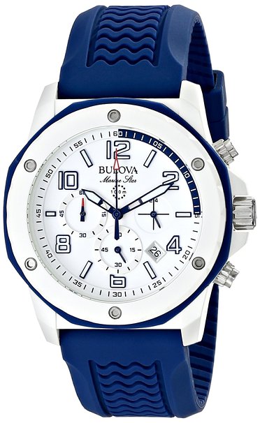 BULOVA MEN'S 44MM BLUE RUBBER BAND STEEL CASE QUARTZ WHITE DIAL WATCH 98B200