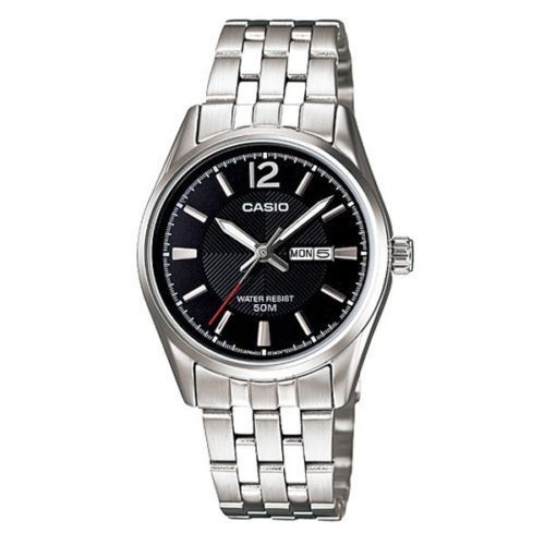 Casio Men's Silvertone Stainless Steel Watch, Black Dial, Day/Date, MTP1335D-1A