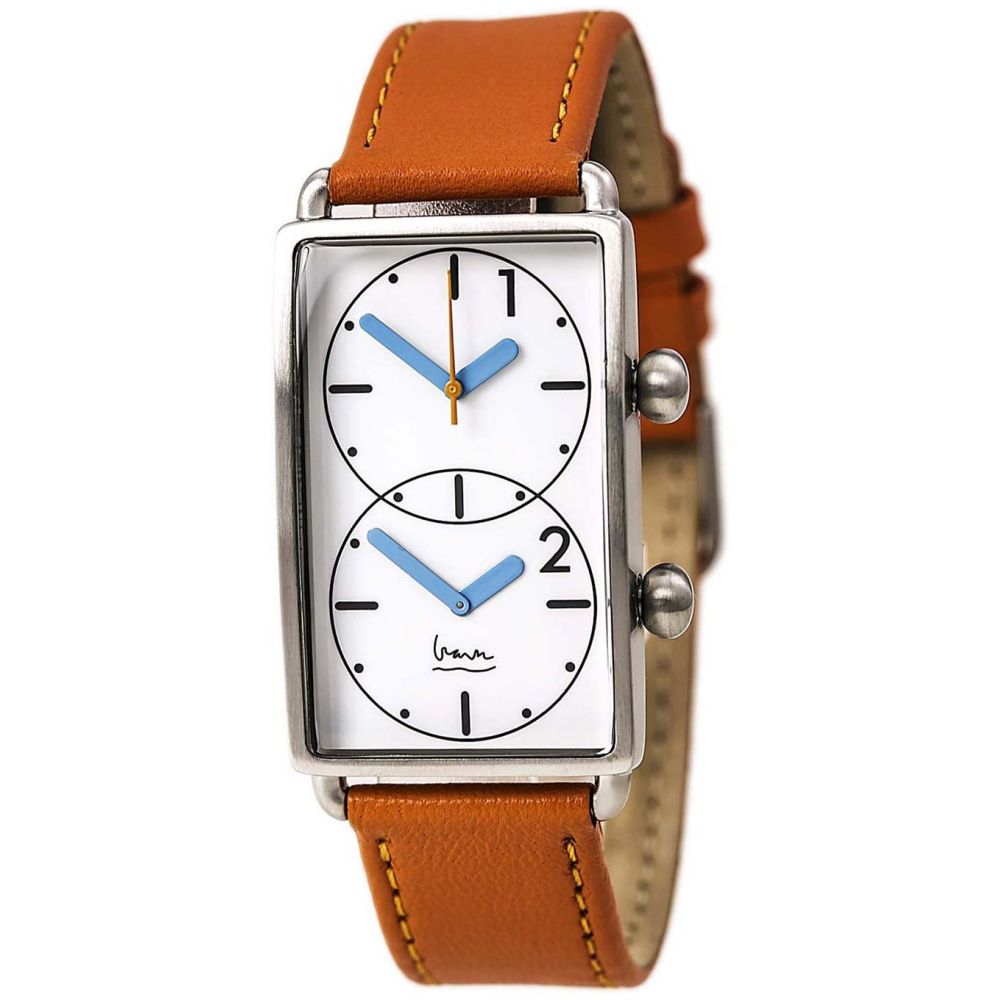 Projects 7611O Grand Tour Dual Time Analog Display Quartz Watch, Orange Leather Band, Rectangle 25.5mm Case