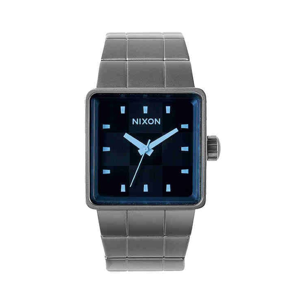 Nixon A0131427-00 Men's Quatro Gunmetal/Blue Crystal Analog Watch, Gunmetal Stainless Steel Band, Square 36mm Case