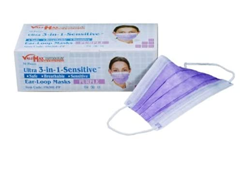 ValuMax 5630E-PP Ultra-3-In-1 Sensitive Disposable Earloop Face Masks, Cellulose Inner Layer, High Filtration, Purple, Box of 50