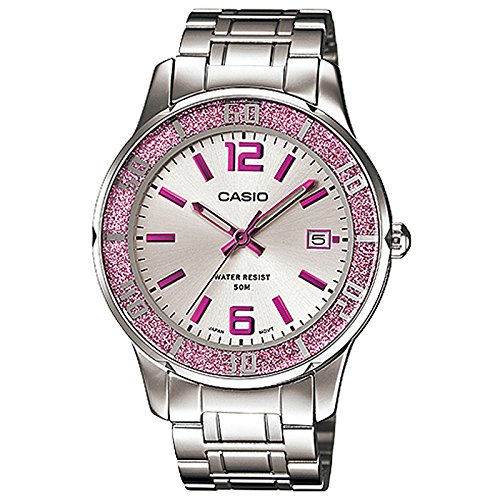 Casio #LTP1359D-4AV Women's Pink Sprinkled Bezel Metal Fashion Silver Dial Watch