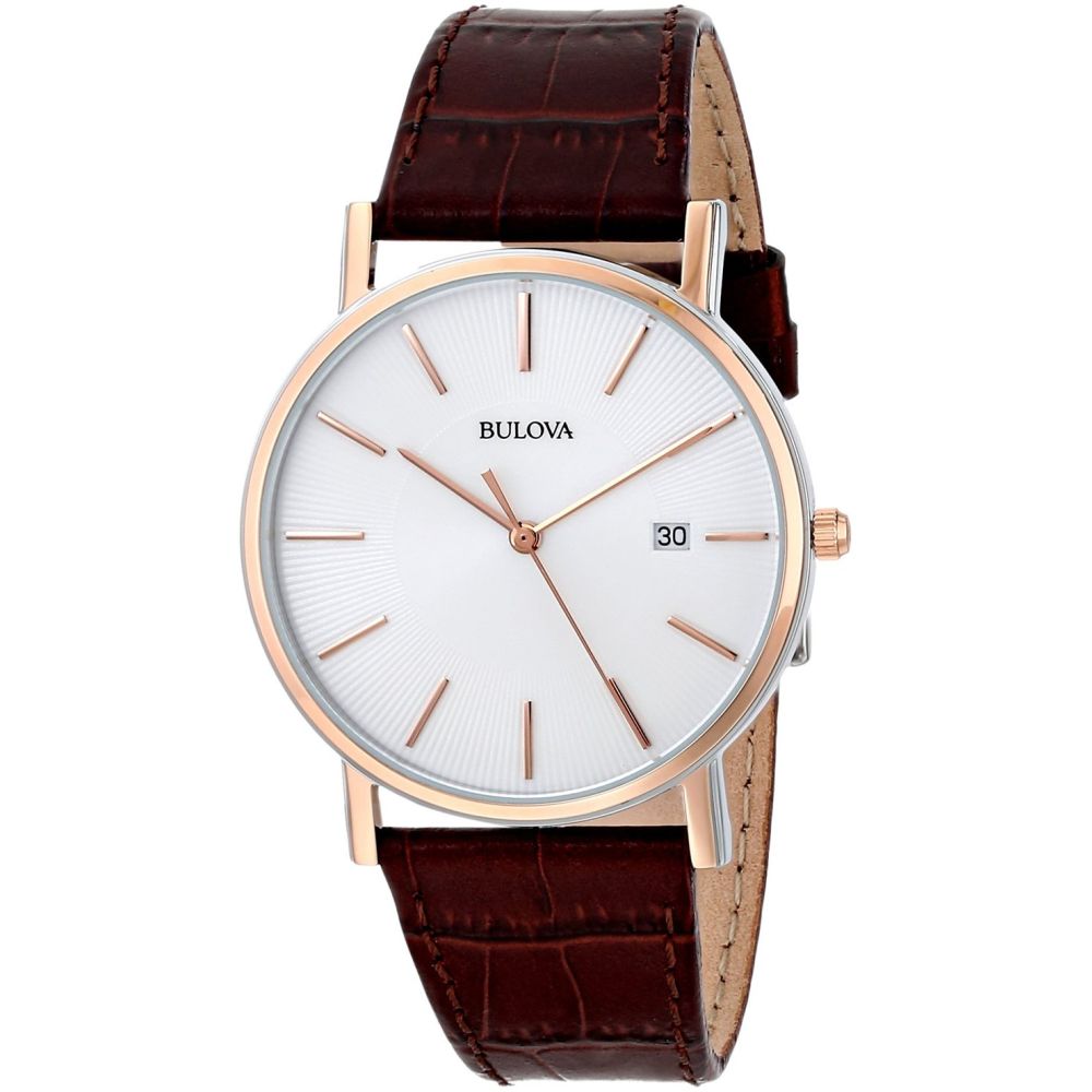 Bulova 98H51 Classic Analog Display Quartz Watch, Brown Leather Band, Round 37mm Case