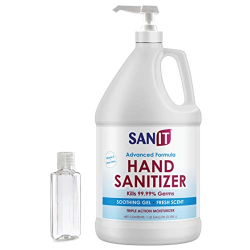 Sanit Moisturizing Hand Sanitizer Gel 70% Alcohol - Kills 99.99% Germs, Advanced Formula with Vitamin E and Aloe Vera - Soothing Gel, Fresh Scent, Made in USA - 1 Gallon with Pump & 2oz Refill Bottle