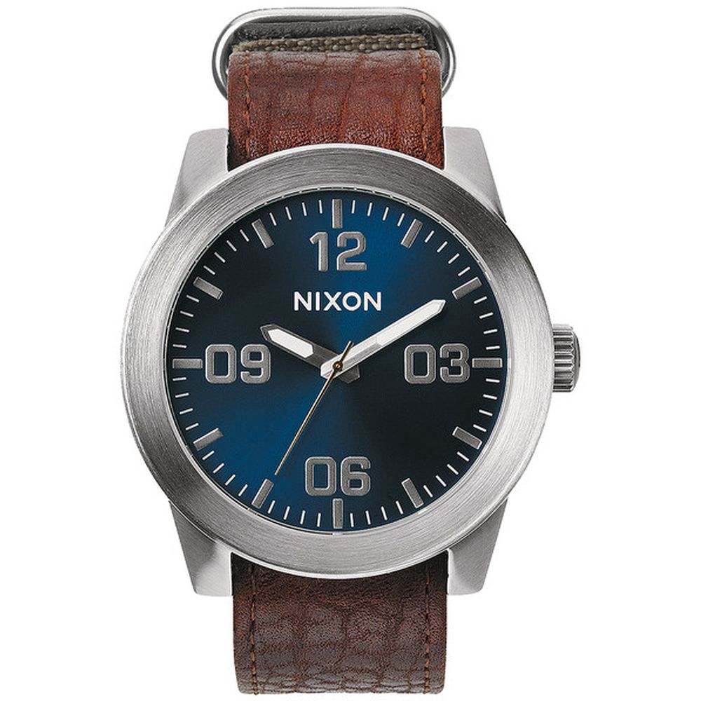 Nixon A2431656 Men's Corporal Brown/Blue Sunray Analog Watch, Brown Leather Band, Round 48mm Case