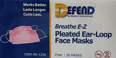 DEFEND BREATHE E-Z EAR LOOP PLEATED FACE MASKS 50/BX PINK LOT OF 10