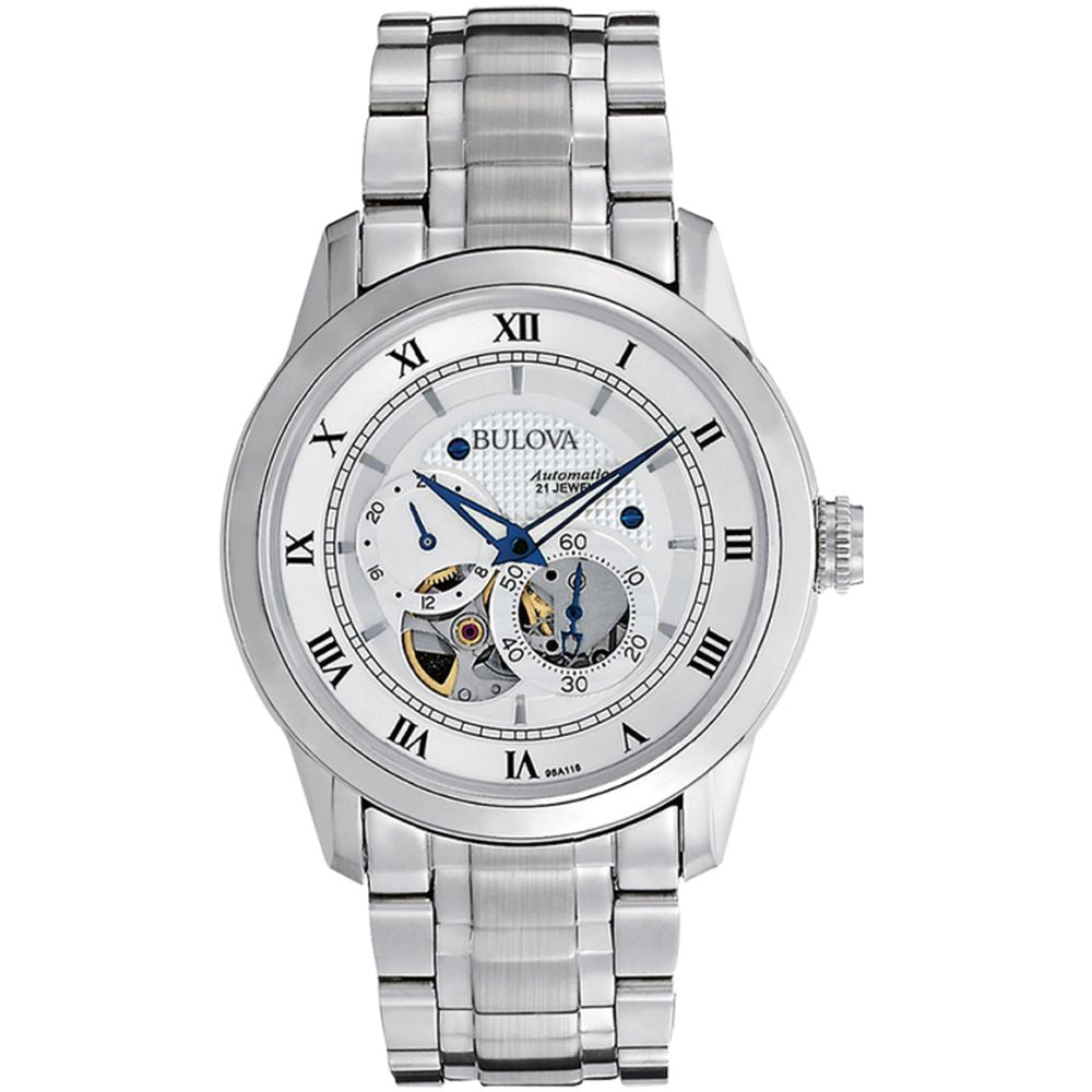 Bulova 96A118 Automatic Analog Display Watch, Silver Stainless Steel Band, Round 42mm Case